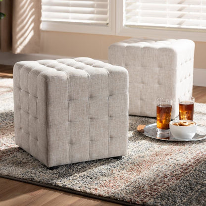 Beige Fabric Upholstered Tufted Cube Ottoman Set of 2
