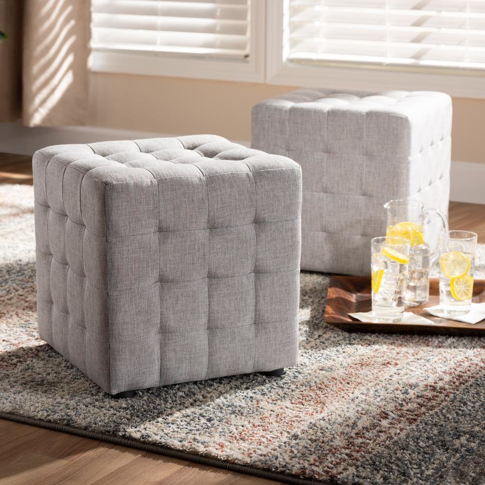 Greyish Beige Fabric Upholstered Tufted Cube Ottoman Set of 2