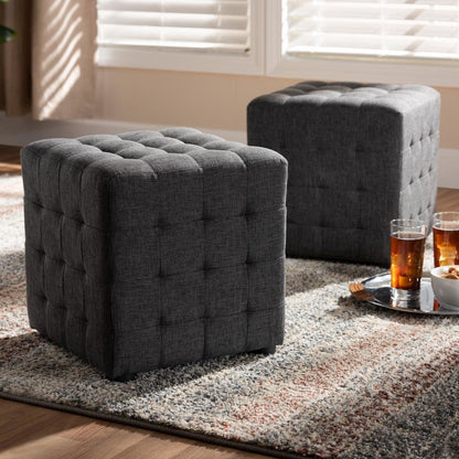 Dark Grey Fabric Upholstered Tufted Cube Ottoman Set of 2