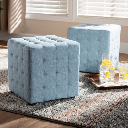 Light Blue Fabric Upholstered Tufted Cube Ottoman Set of 2