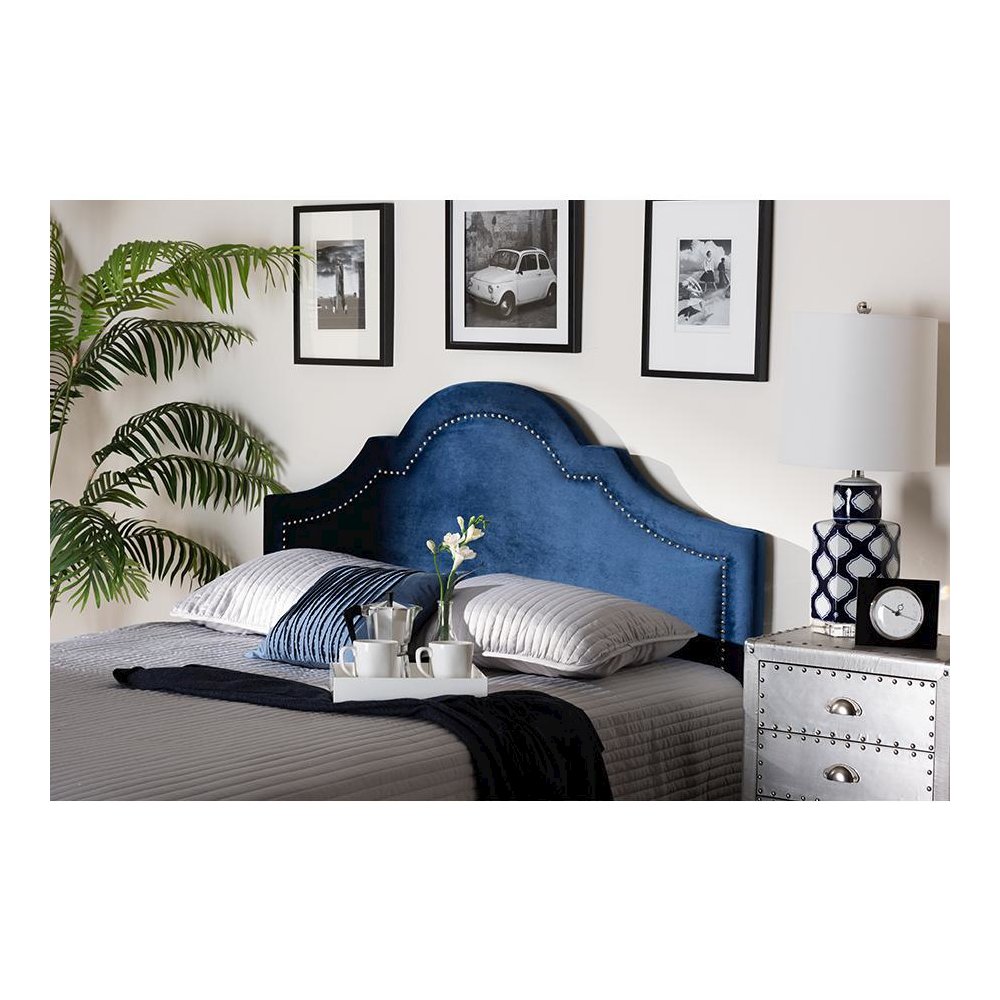 Navy Blue Velvet Fabric Upholstered Full Size Headboard