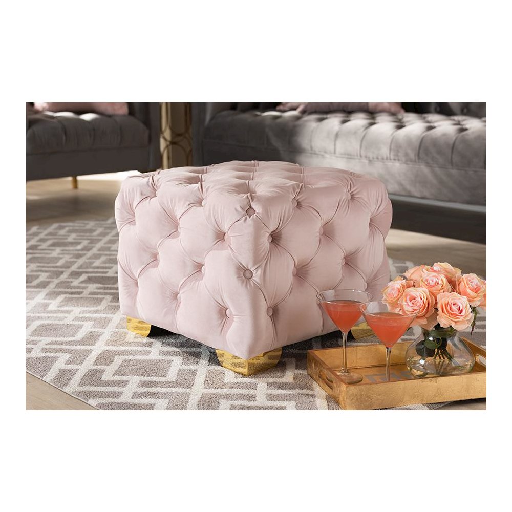 Luxe Light Pink Velvet Fabric Upholstered Gold Finished Button Tufted Ottoman
