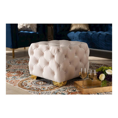 Luxe Light Beige Velvet Fabric Upholstered Gold Finished Button Tufted Ottoman