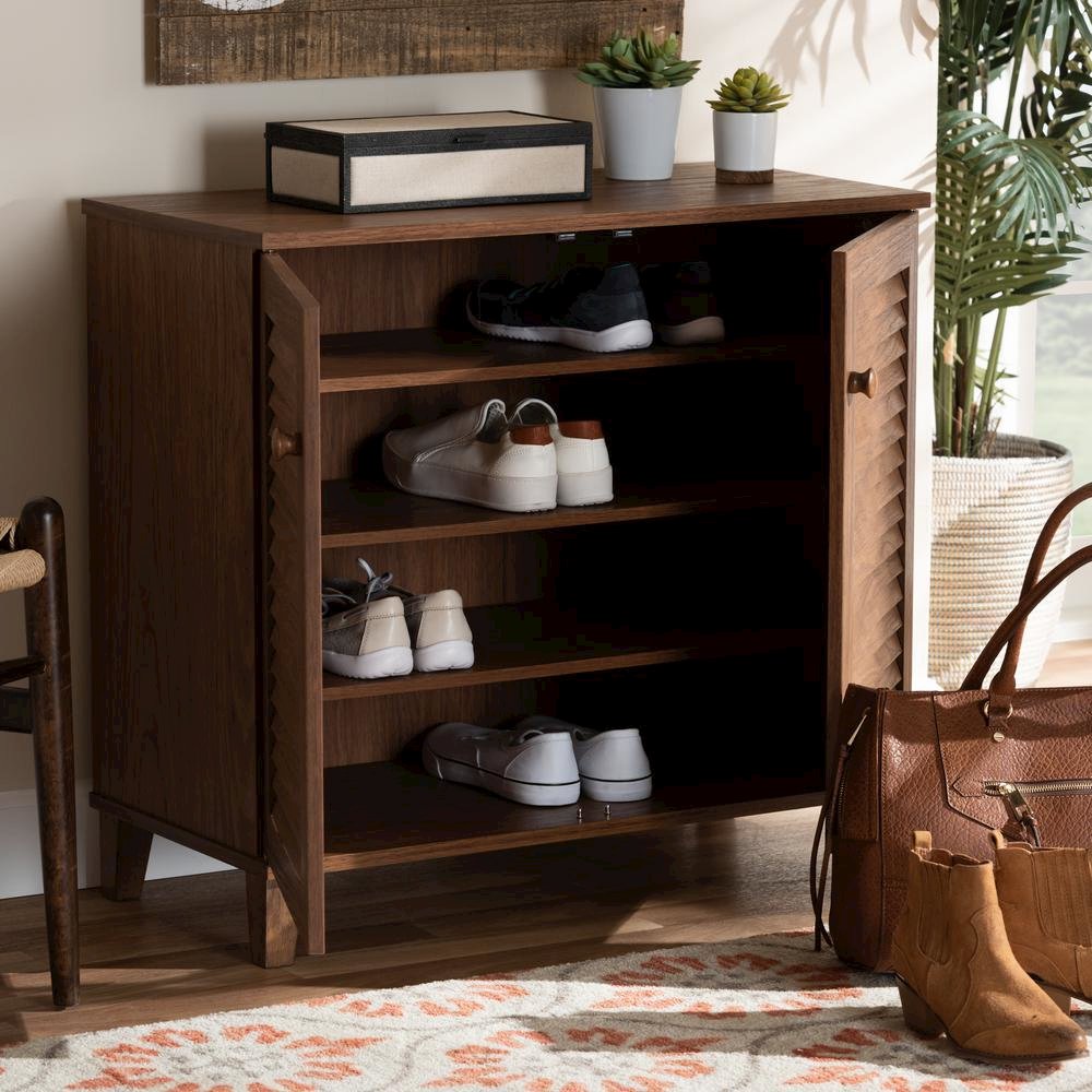 Walnut Finished 4-Shelf Wood Shoe Storage Cabinet