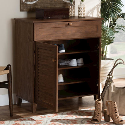 Walnut Finished 4-Shelf Wood Shoe Storage Cabinet with Drawer