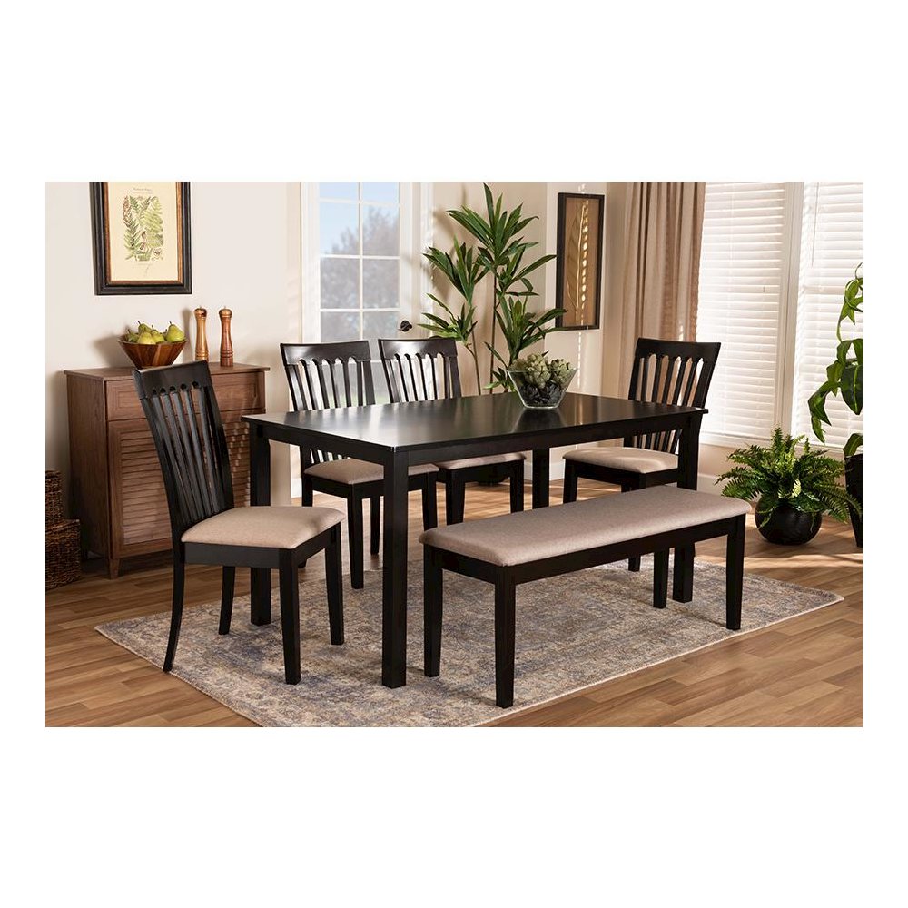 Sand Fabric Upholstered and Dark Brown Finished Wood 6-Piece Dining Set