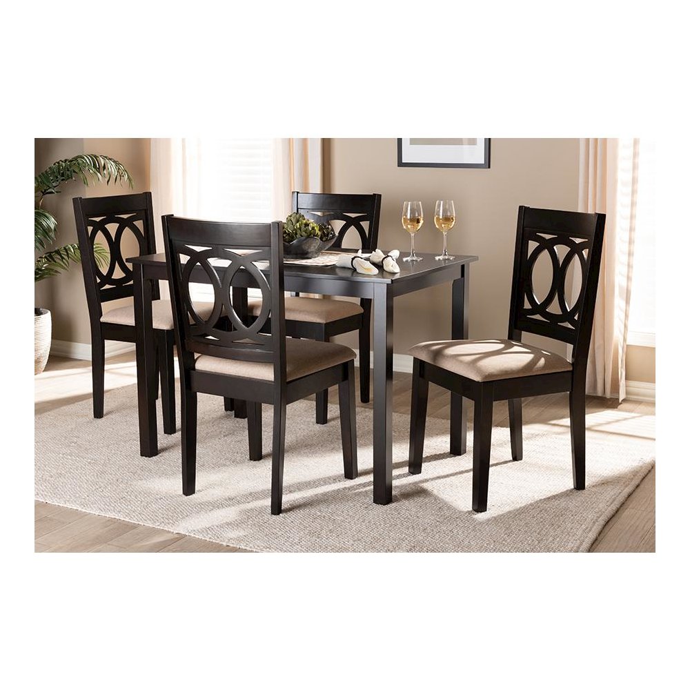 Sand Fabric Upholstered Espresso Brown Finished Wood 5-Piece Dining Set