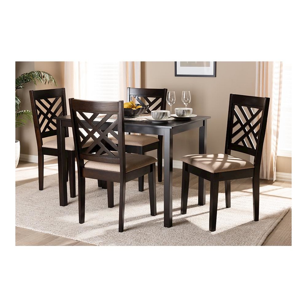 Sand Fabric Upholstered Espresso Brown Finished Wood 5-Piece Dining Set