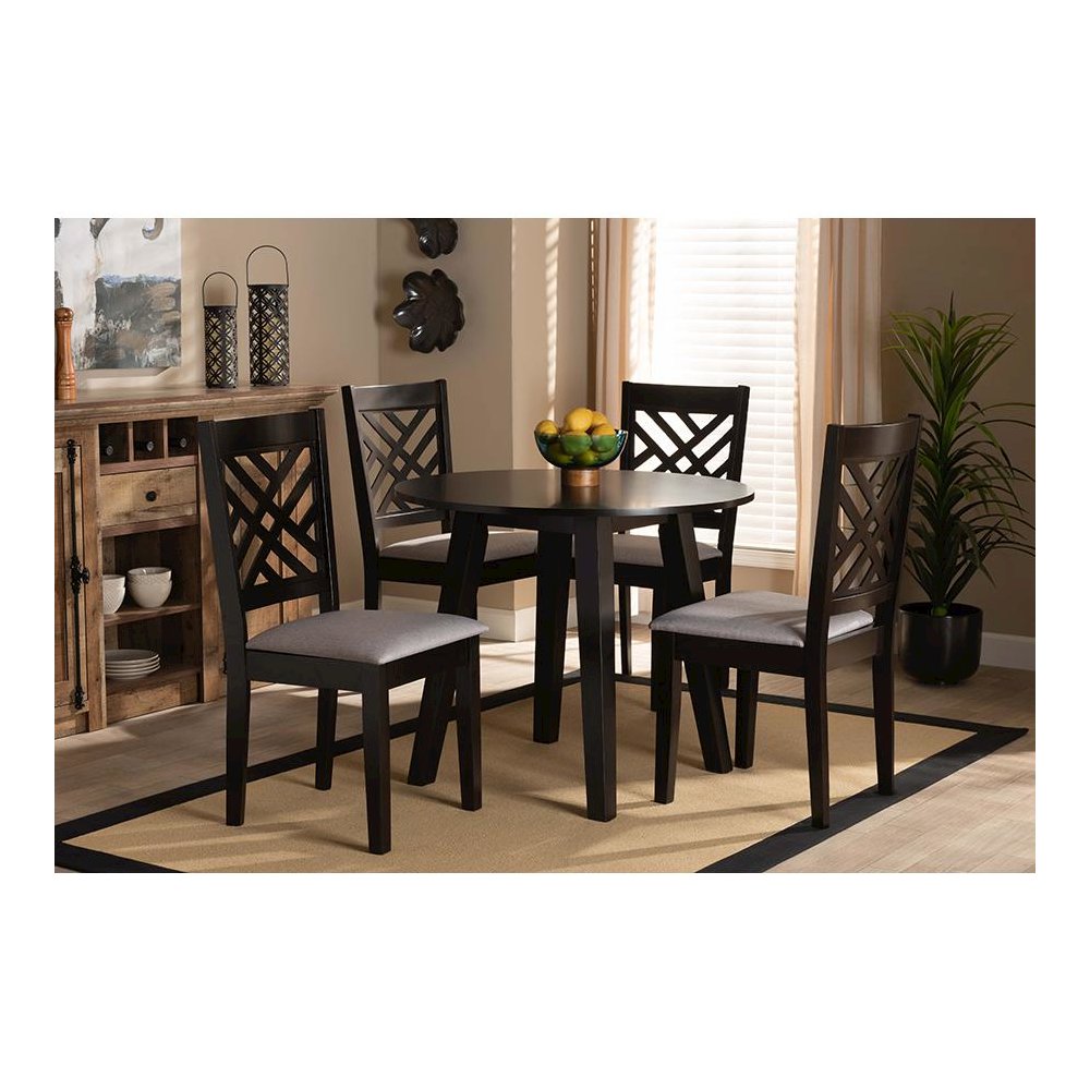 Grey Fabric Upholstered and Dark Brown Finished Wood 5-Piece Dining Set