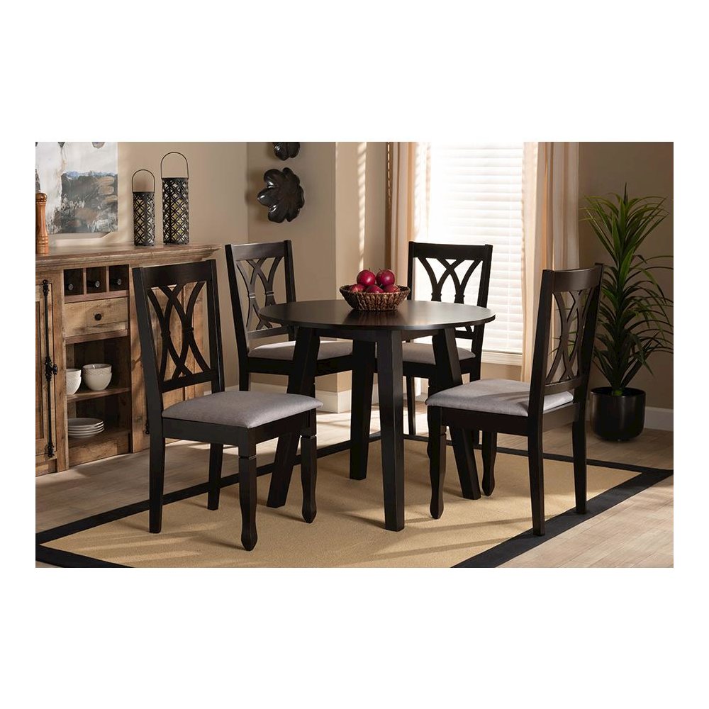 Grey Fabric Upholstered and Dark Brown Finished Wood 5-Piece Dining Set