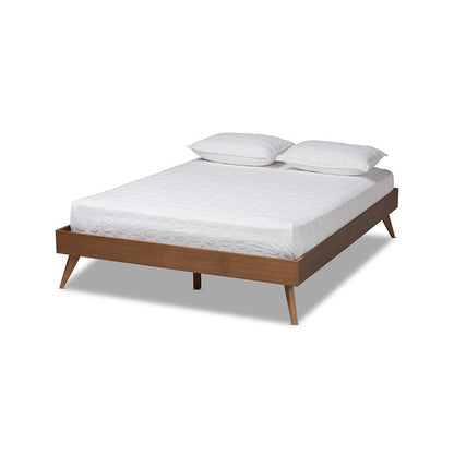Mid-Century Modern Walnut Brown Finished Wood King Size Platform Bed Frame