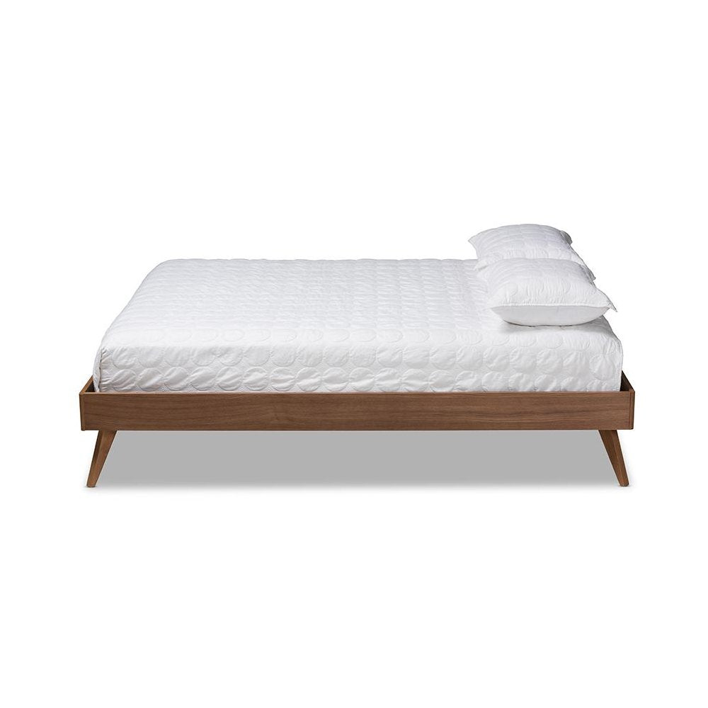 Mid-Century Modern Walnut Brown Finished Wood Queen Size Platform Bed Frame