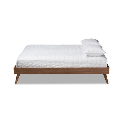 Mid-Century Modern Walnut Brown Finished Wood Queen Size Platform Bed Frame