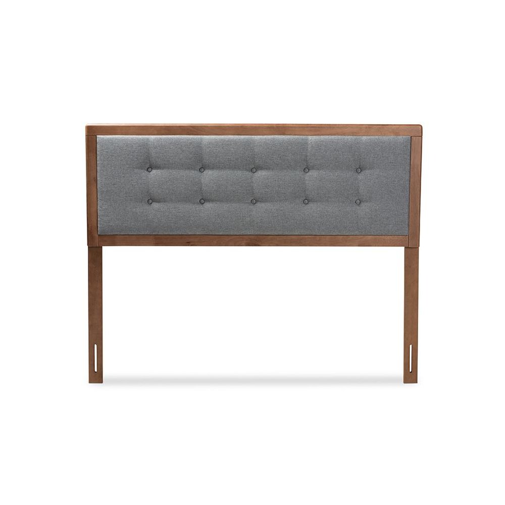 Dark Grey Fabric Upholstered Walnut Brown Finished Wood Queen Size Headboard