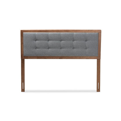 Dark Grey Fabric Upholstered Walnut Brown Finished Wood Queen Size Headboard
