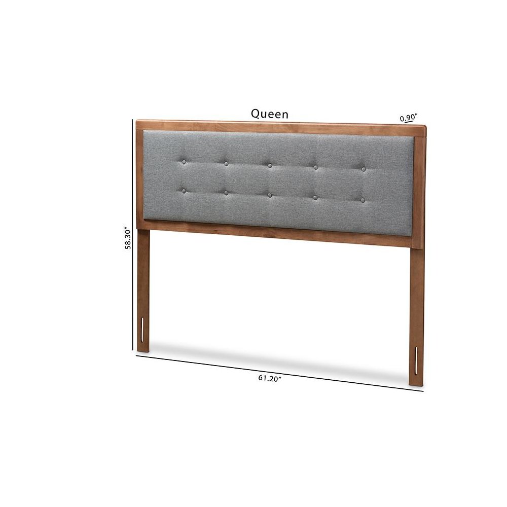 Dark Grey Fabric Upholstered Walnut Brown Finished Wood Queen Size Headboard