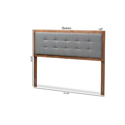 Dark Grey Fabric Upholstered Walnut Brown Finished Wood Queen Size Headboard