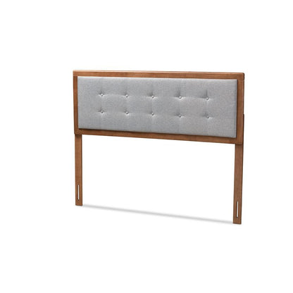Light Grey Fabric Upholstered Walnut Brown Finished Wood King Size Headboard