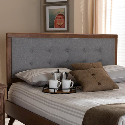 Light Grey Fabric Upholstered Walnut Brown Finished Wood Full Size Headboard