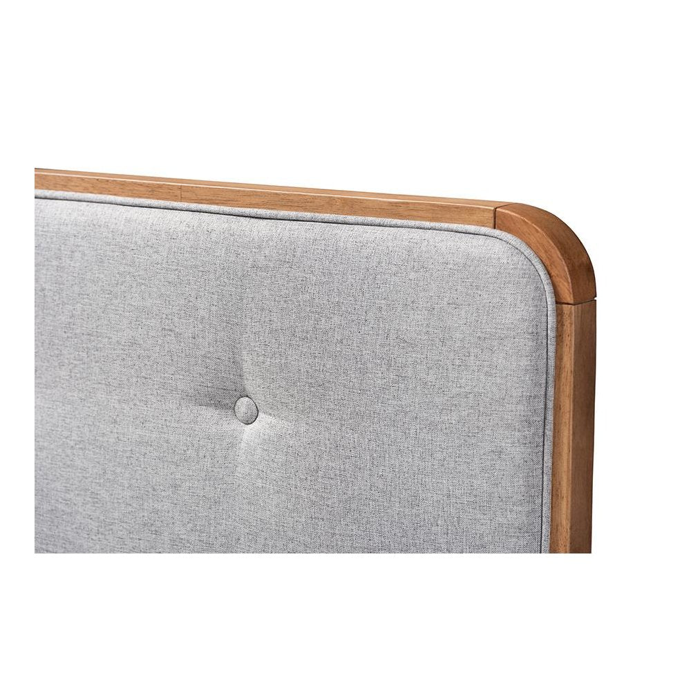 Light Grey Fabric Upholstered Walnut Brown Finished Wood Queen Size Headboard