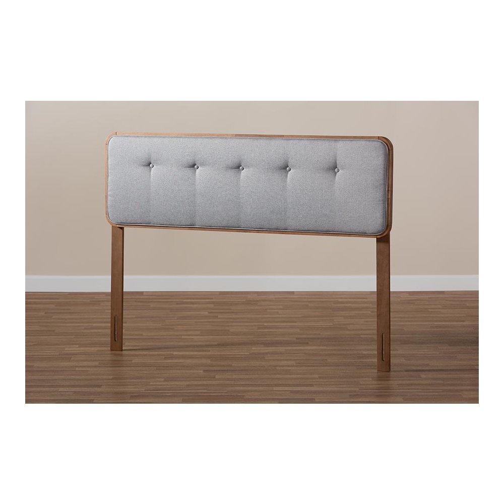 Light Grey Fabric Upholstered Walnut Brown Finished Wood Queen Size Headboard