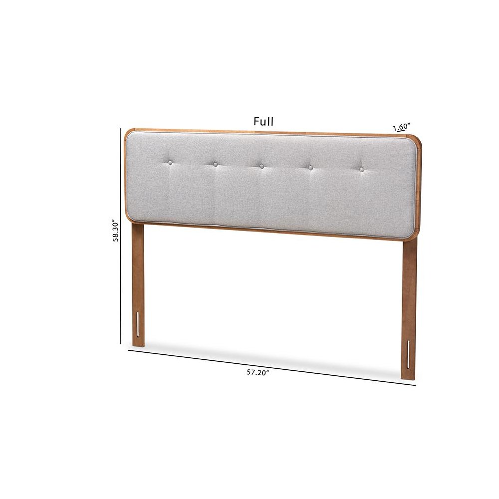 Light Grey Fabric Upholstered Walnut Brown Finished Wood Queen Size Headboard