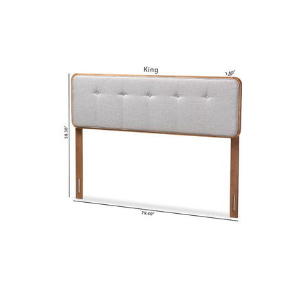 Light Grey Fabric Upholstered Walnut Brown Finished Wood Queen Size Headboard