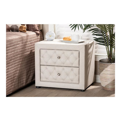 Light Beige Fabric Upholstered 2-Drawer Wood Nightstand