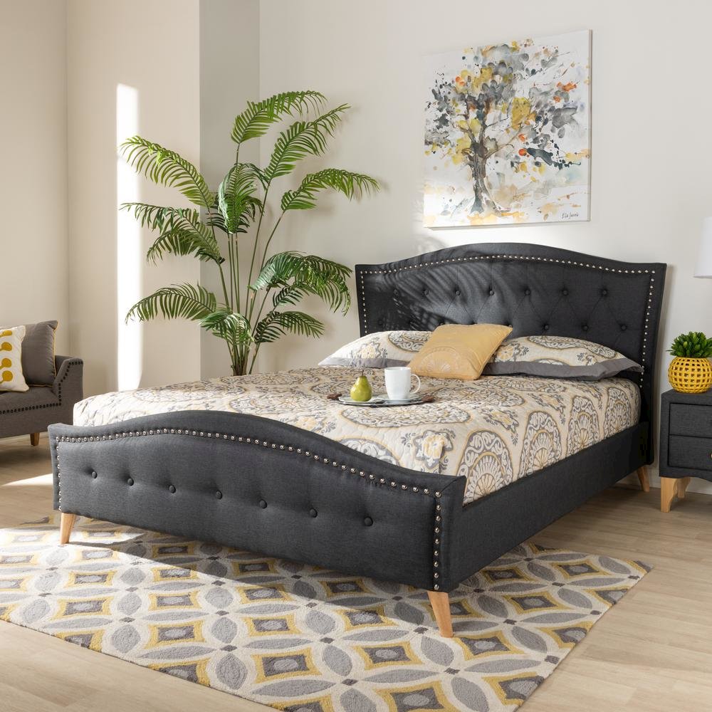 Charcoal Grey Fabric Upholstered and Button Tufted King Size Platform Bed