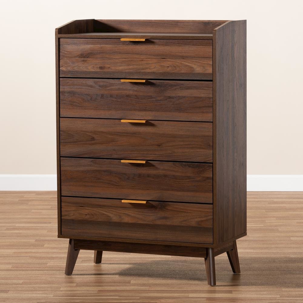 Lena Mid-Century Modern Walnut Brown Finished 5-Drawer Wood Chest