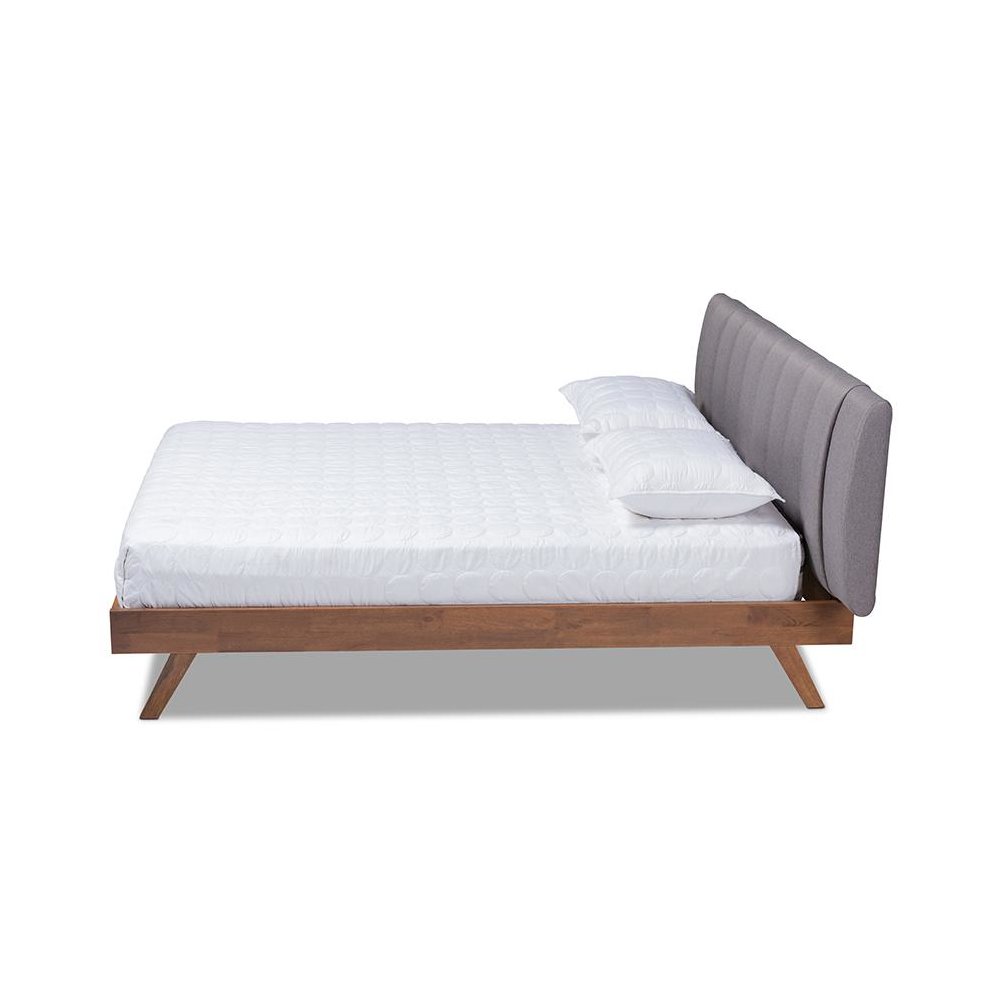 Grey Fabric Upholstered Walnut Finished Wood King Size Bed