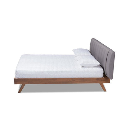 Grey Fabric Upholstered Walnut Finished Wood King Size Bed