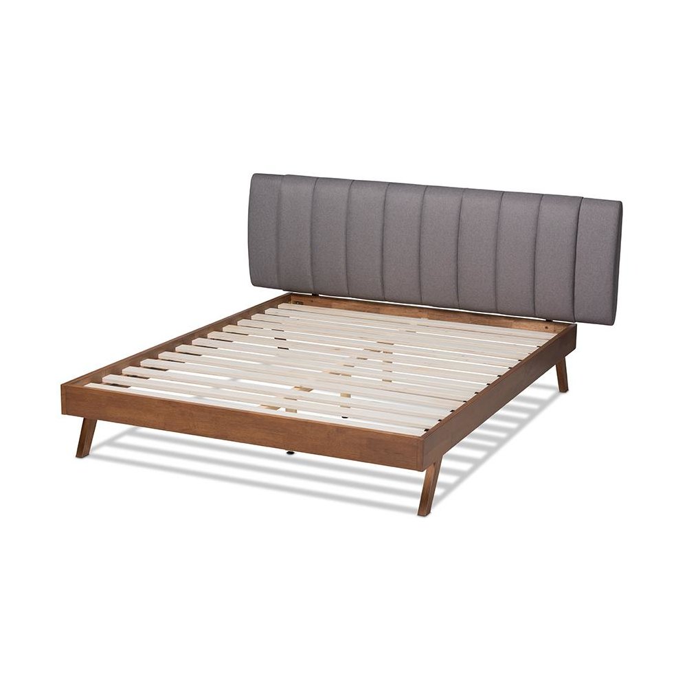 Grey Fabric Upholstered Walnut Finished Wood King Size Bed