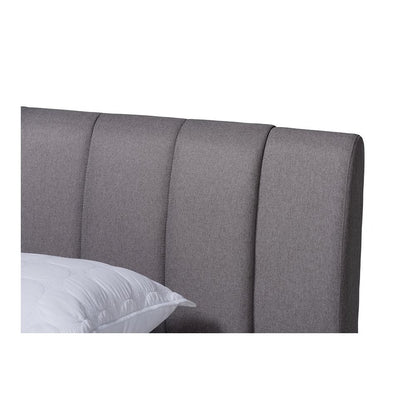 Grey Fabric Upholstered Walnut Finished Wood King Size Bed