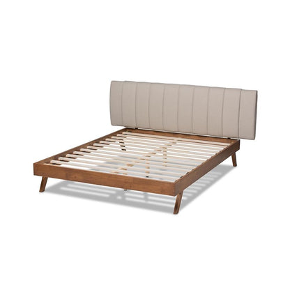 Light Beige Fabric Upholstered Walnut Finished Wood King Size Bed