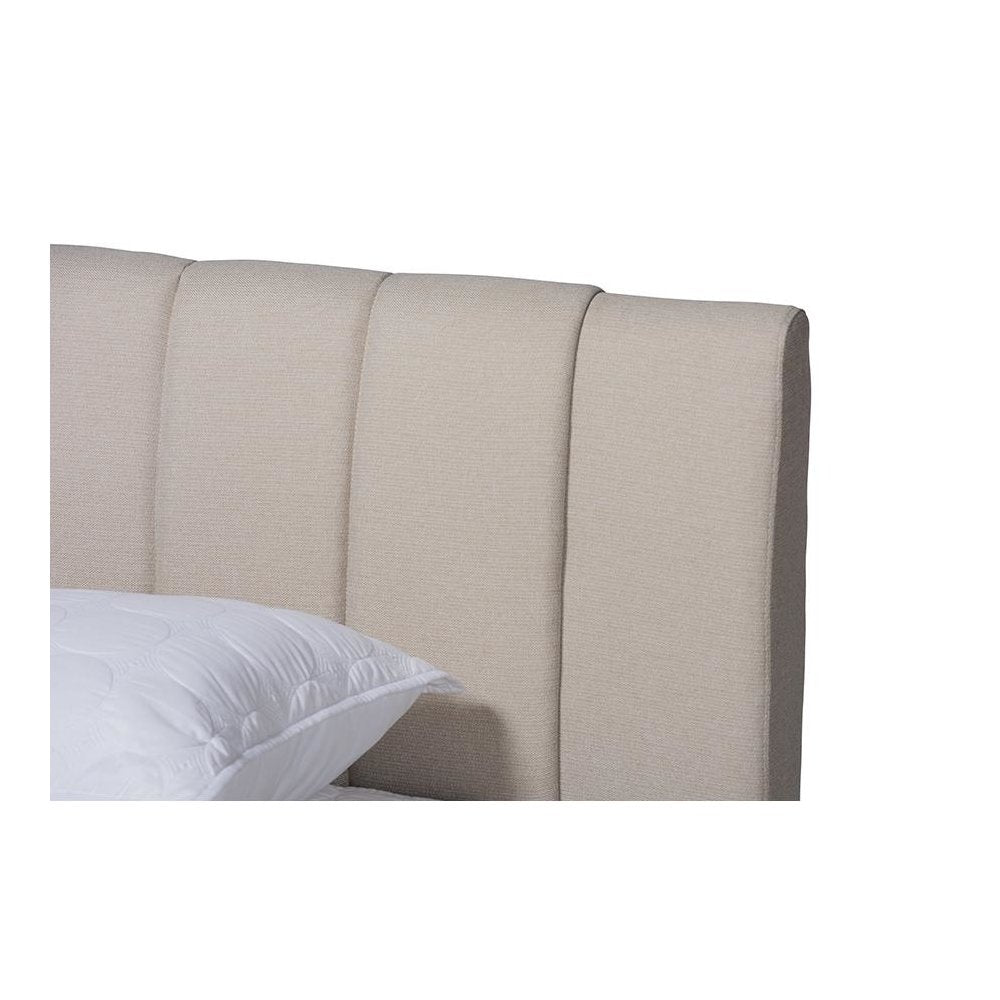 Light Beige Fabric Upholstered Walnut Finished Wood King Size Bed