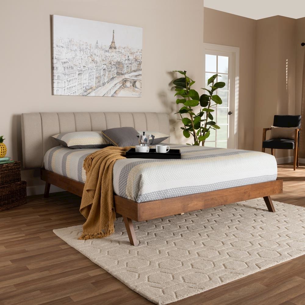 Light Beige Fabric Upholstered Walnut Finished Wood Queen Size Bed