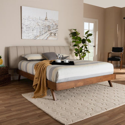 Light Beige Fabric Upholstered Walnut Finished Wood Queen Size Bed