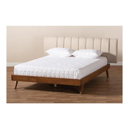 Light Beige Fabric Upholstered Walnut Finished Wood King Size Bed