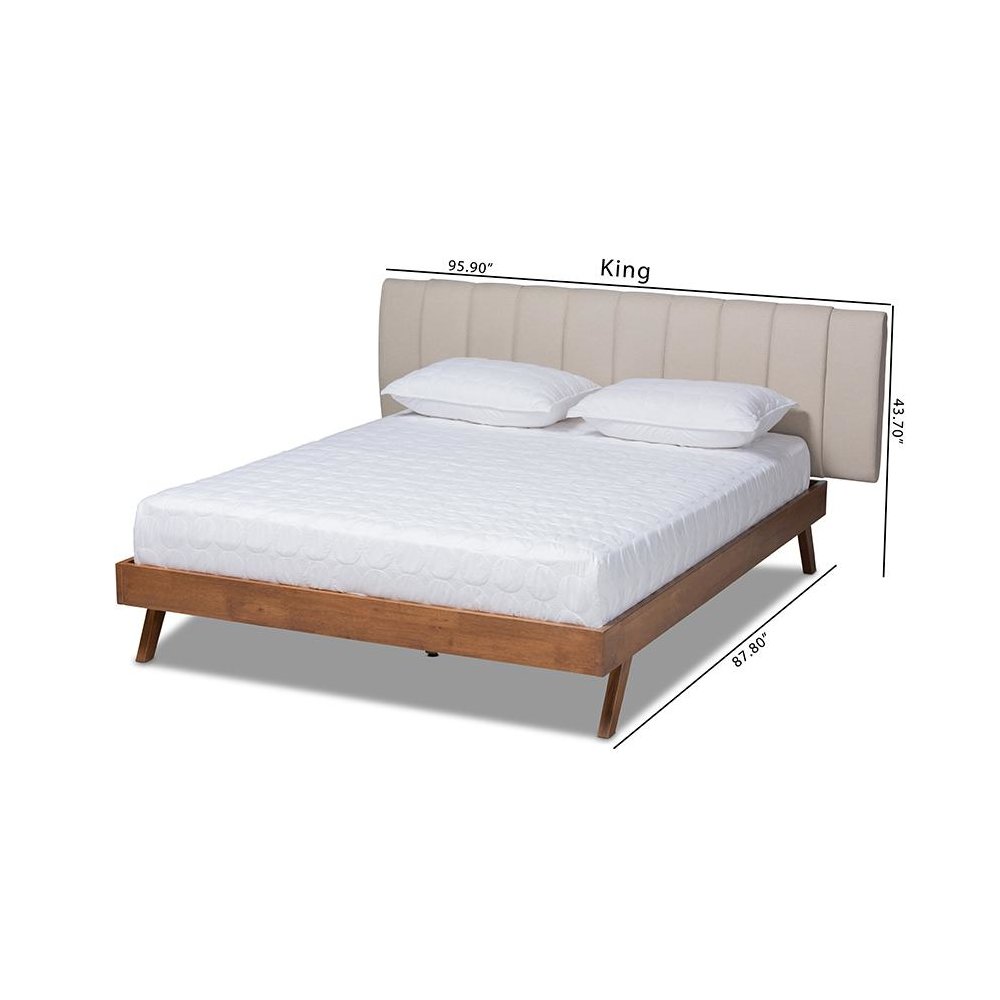 Light Beige Fabric Upholstered Walnut Finished Wood King Size Bed