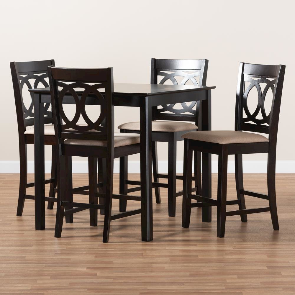 Sand Fabric Upholstered Espresso Brown Finished 5-Piece Wood Pub Set