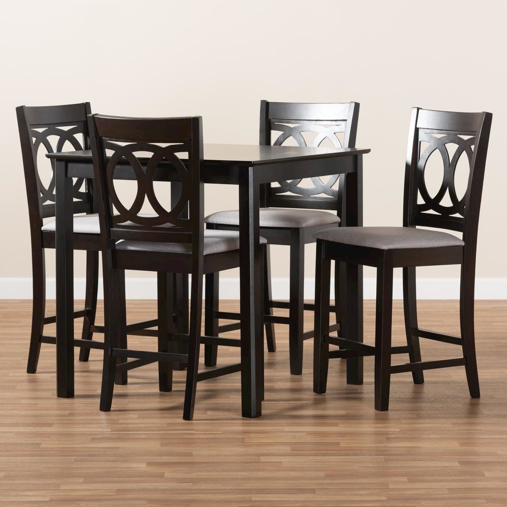 Gray Fabric Upholstered Espresso Brown Finished 5-Piece Wood Pub Set