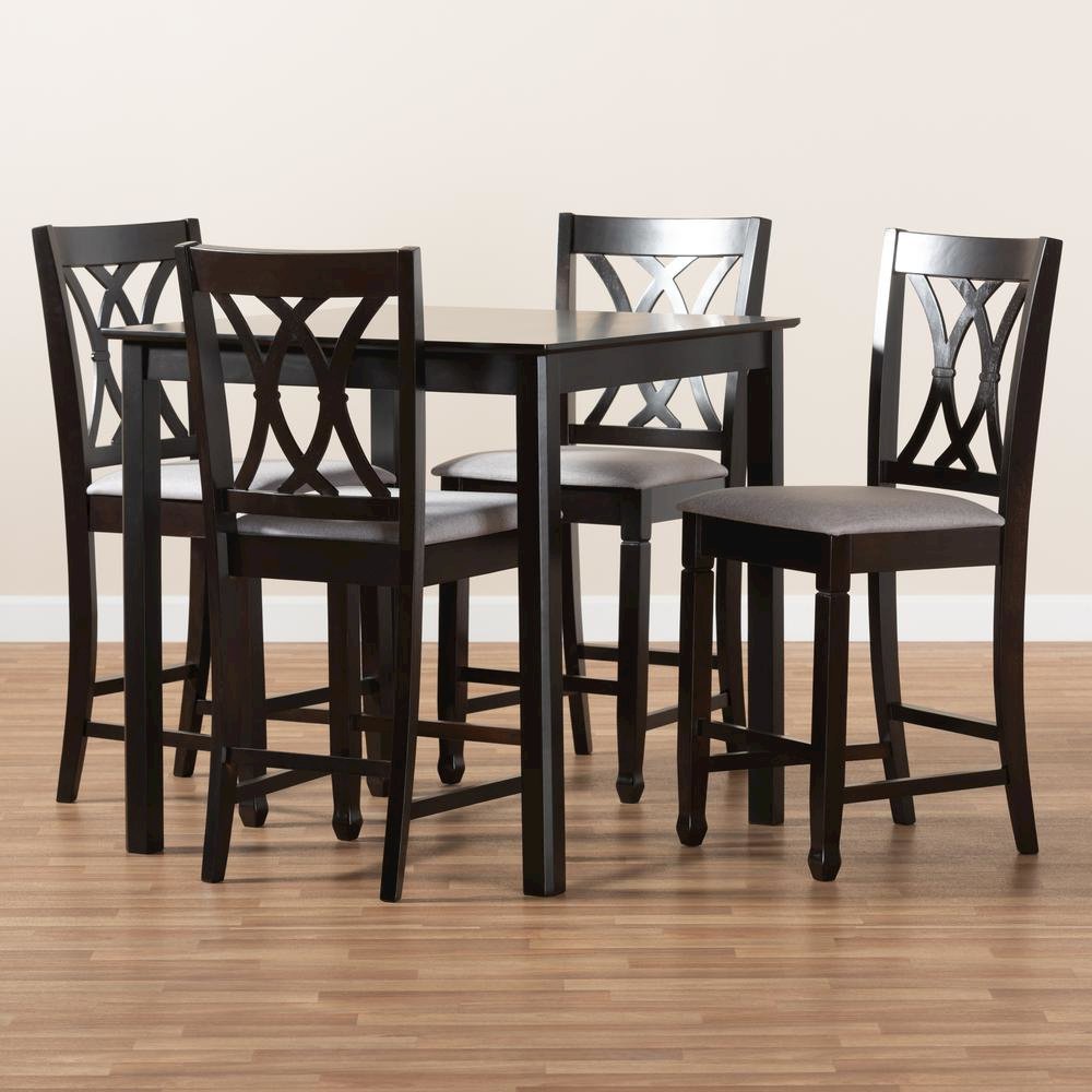 Gray Fabric Upholstered Espresso Brown Finished 5-Piece Wood Pub Set