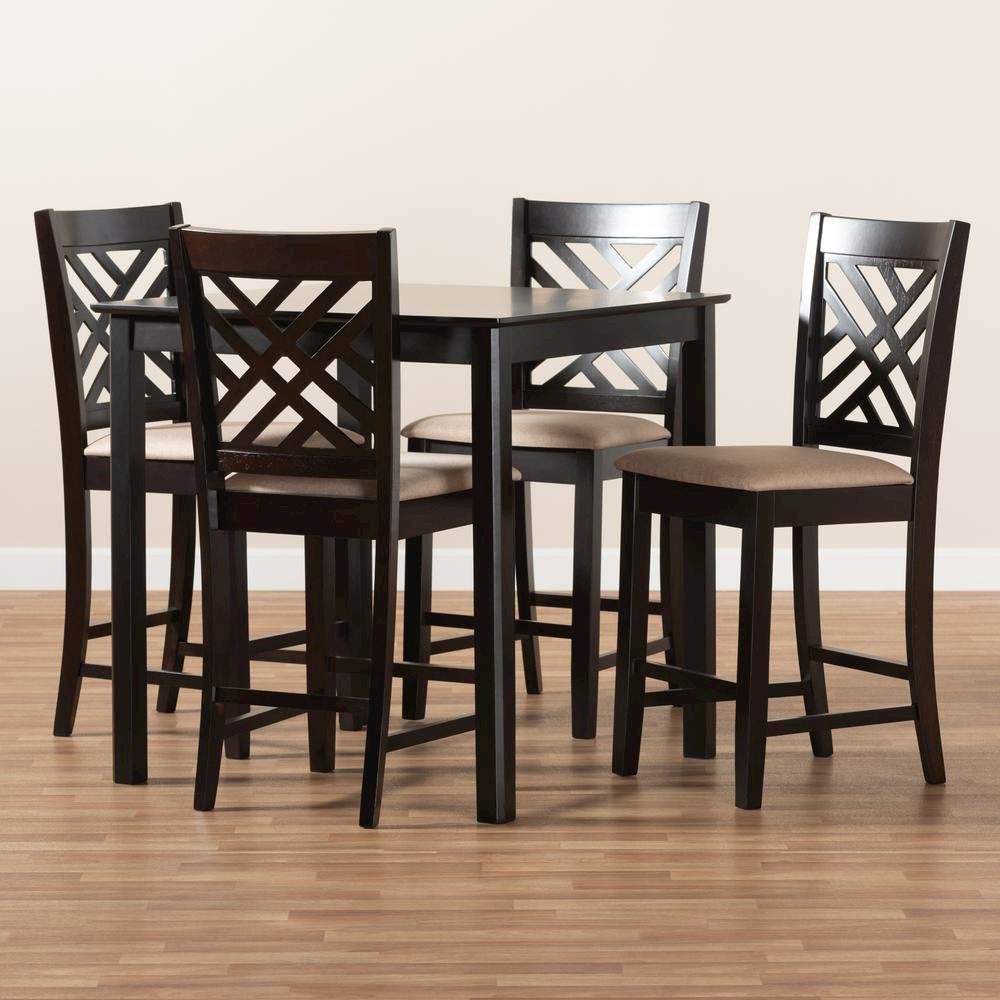Sand Fabric Upholstered Espresso Brown Finished 5-Piece Wood Pub Set