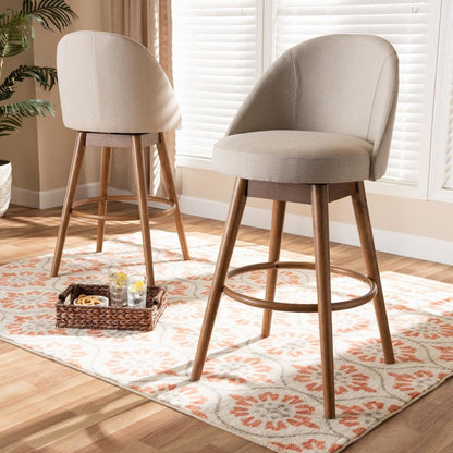 Light Beige Fabric Upholstered Walnut-Finished Wood 2-Piece Swivel Bar Stool Set