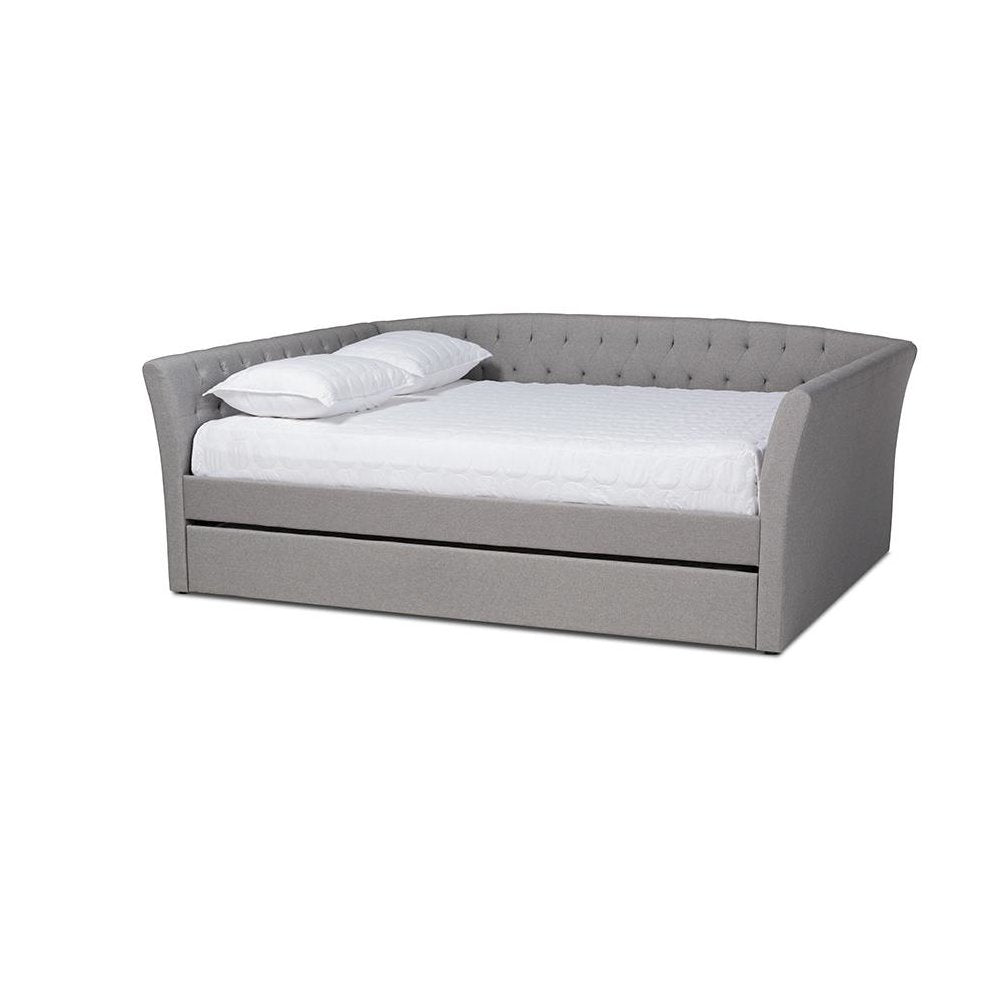 Light Grey Fabric Upholstered Queen Size Daybed with Roll-Out Trundle Bed