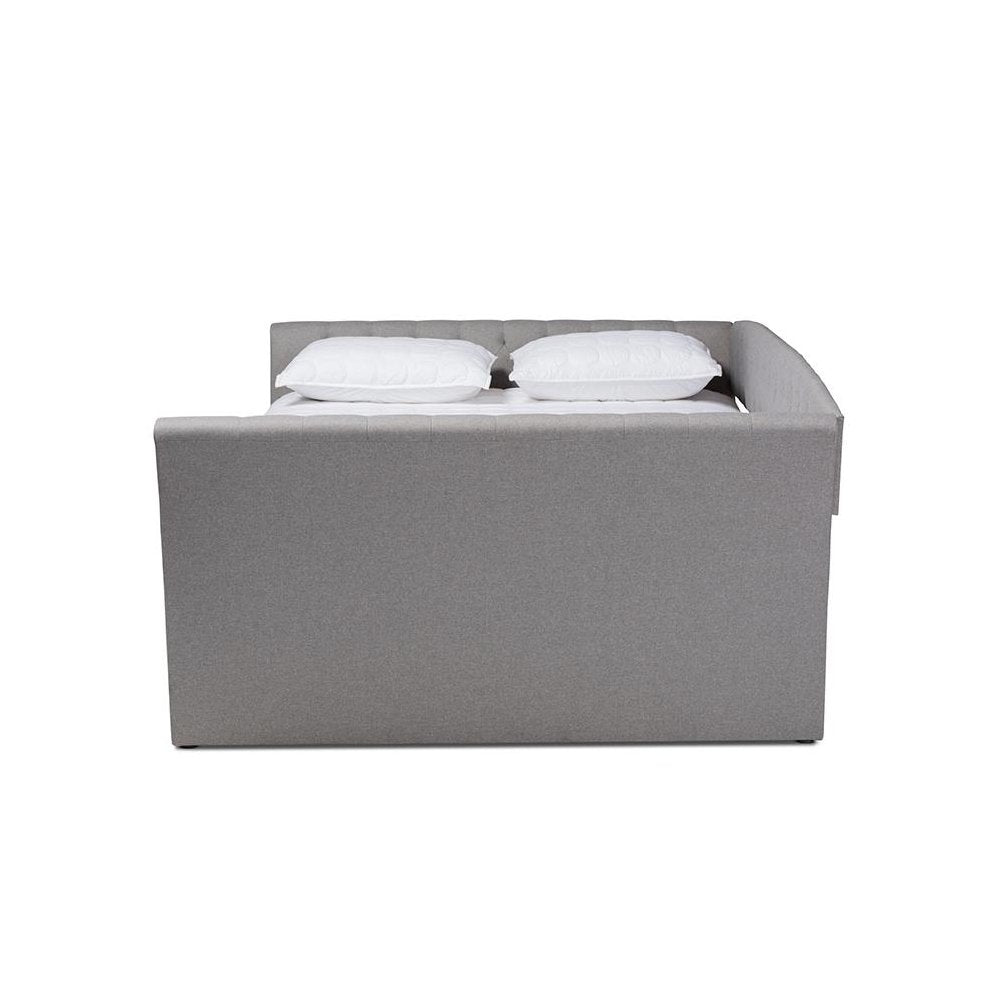 Light Grey Fabric Upholstered Queen Size Daybed with Roll-Out Trundle Bed