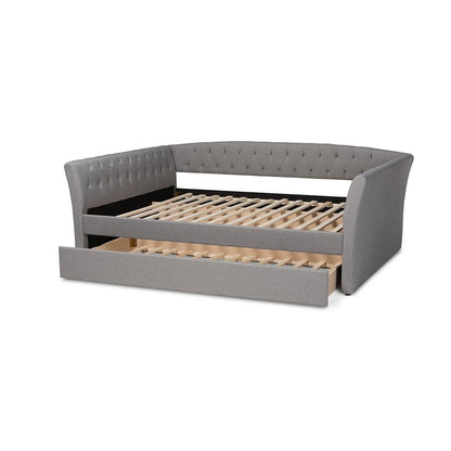 Light Grey Fabric Upholstered Queen Size Daybed with Roll-Out Trundle Bed