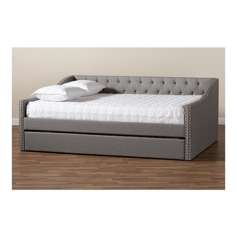 Light Grey Fabric Upholstered Queen Size Daybed with Roll-Out Trundle Bed