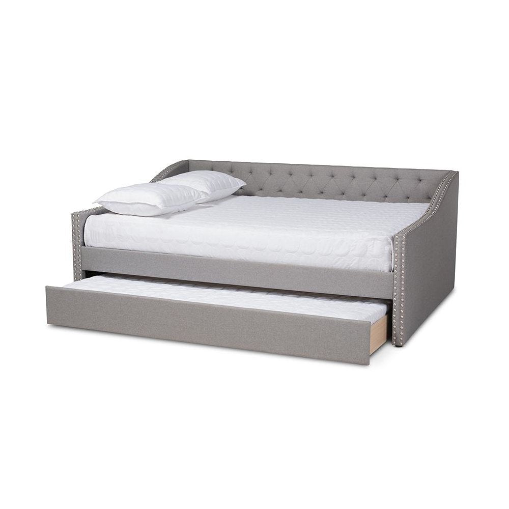 Light Grey Fabric Upholstered Queen Size Daybed with Roll-Out Trundle Bed